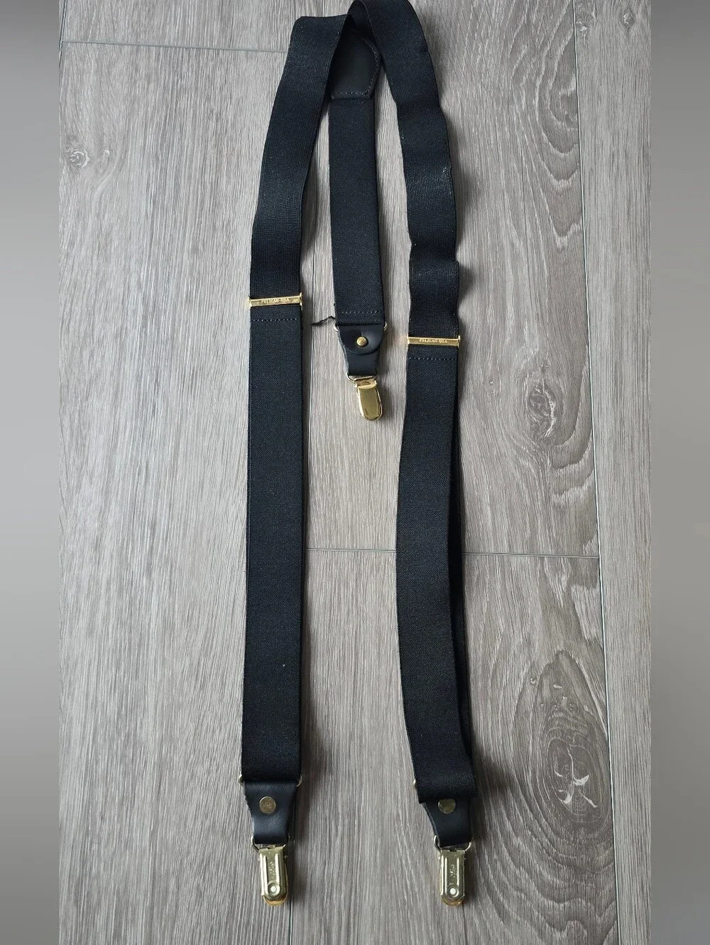 Pelican USA Black Elastic Suspenders Braces Gold Tone Leather Tab Clip Y-Back - Picture 1 of 12